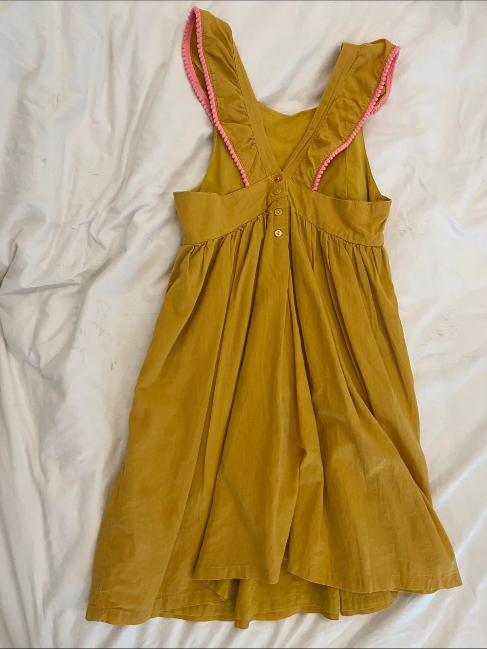 Kids' Mustard Yellow Embroidered Sundress with Pink Trim